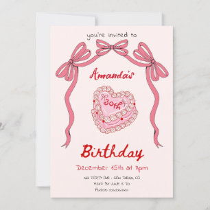 Convites Bolo Retrô Rosa e Laço Coquette Aniversário