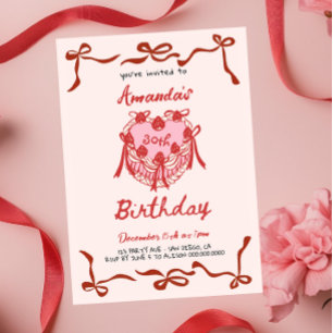 Convites Bolo Retrô Rosa e Laço Vermelho Coquette Aniversár