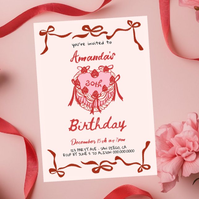 Convites Bolo Retrô Rosa e Laço Vermelho Coquette Aniversár (Criador carregado)
