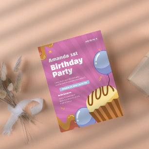 Convites Bolo Rosa Cor-de-Rosa de Aniversário 1 rua