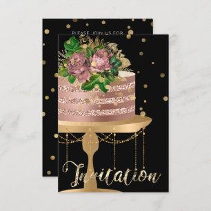 Convites Bolo Rosa Dourado Aniversário Negro Confetti Glitt