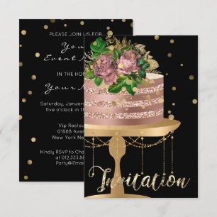 Convites Bolo Rosa Dourado Aniversário Preto Confete Brilho