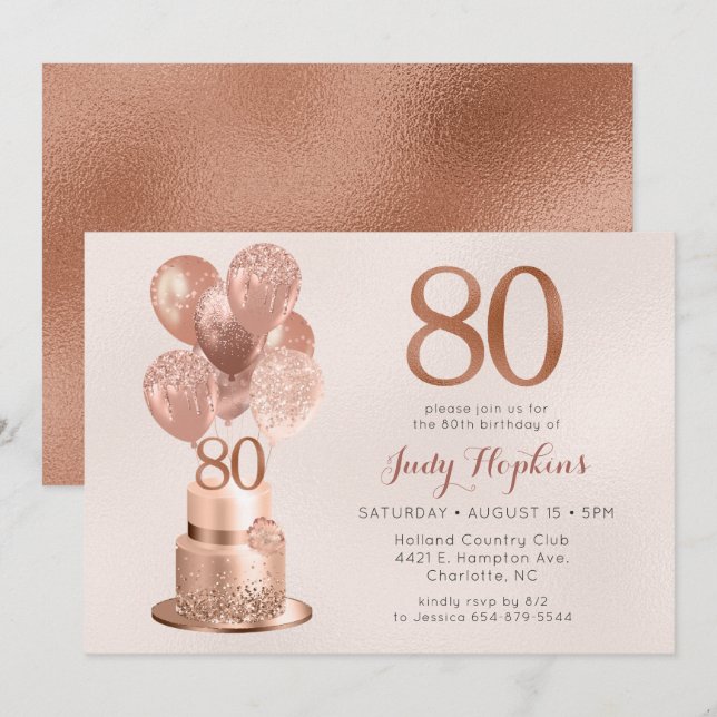 Convites Bolo Rosa Dourado de 80 Anos de Idade (Frente/Verso)