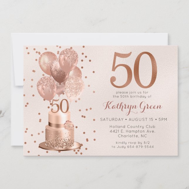 Convites Bolo Rose Gold Aniversário de 50 anos (Frente)