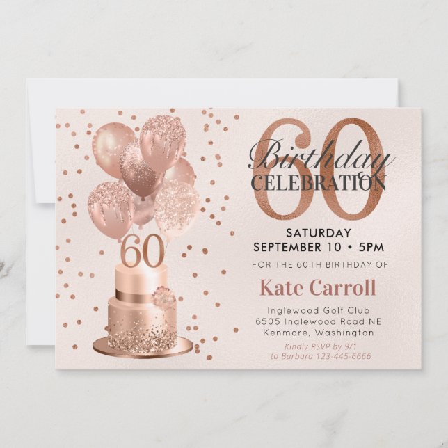 Convites Bolo Rose Gold de 60 Anos de Idade (Frente)