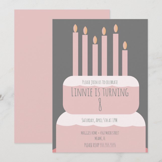 Convites Bolo Simples de Aniversário com Velas Festas Rosa (Frente/Verso)