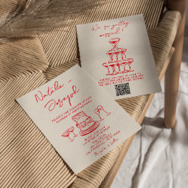 Convites Bolo Vermelho Desenhado à Mão Retro Código QR Únic