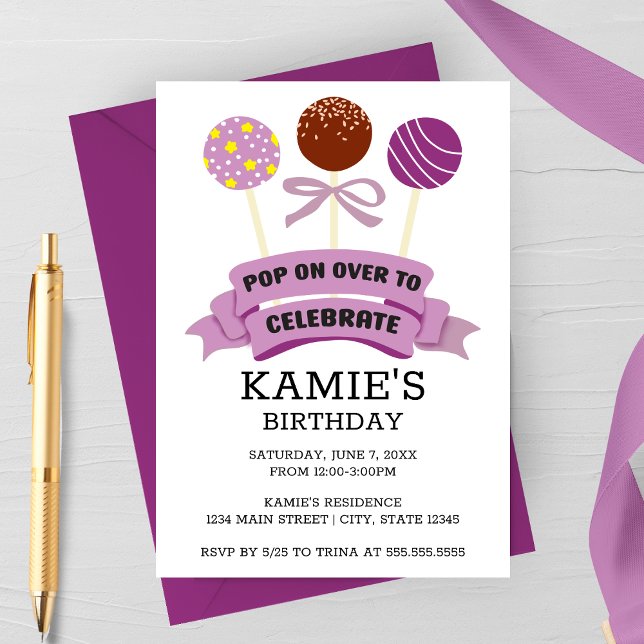 Convites Bolos de Aniversário em Forma de Pirulito Roxo (Purple Cake Pops Birthday Party Invitation)
