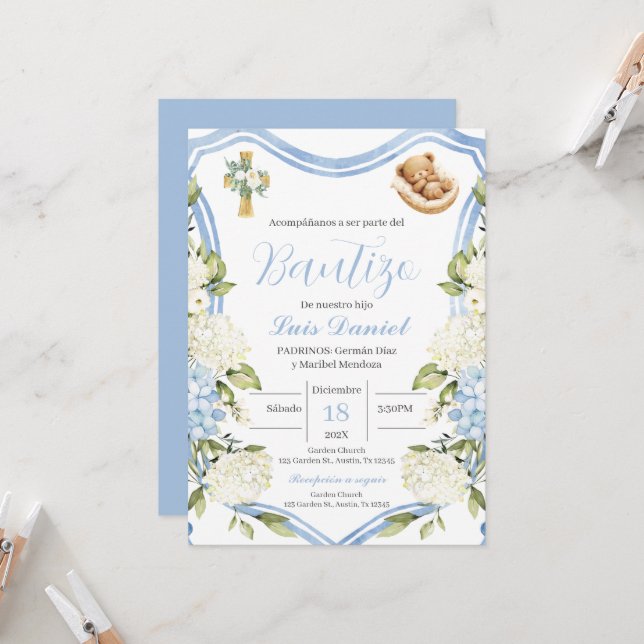 Convites Bolsa azul de batismo (Frente/Verso In Situ)