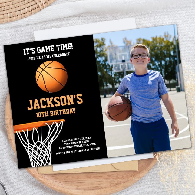 Convites Bolsa de Bola de Basquete de Foto para Bola de Bas (Basket Photo Basketball Ball Birthday Invitations)