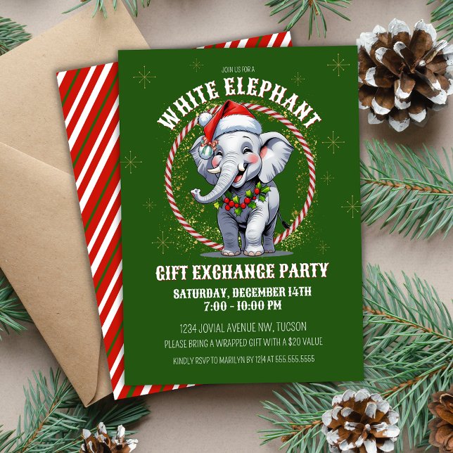 Convites Bolsa de Presentes Brancos de Elefante de Feriado  (Festive green and red cute white elephant Christmas gift exchange party invitations for work church)