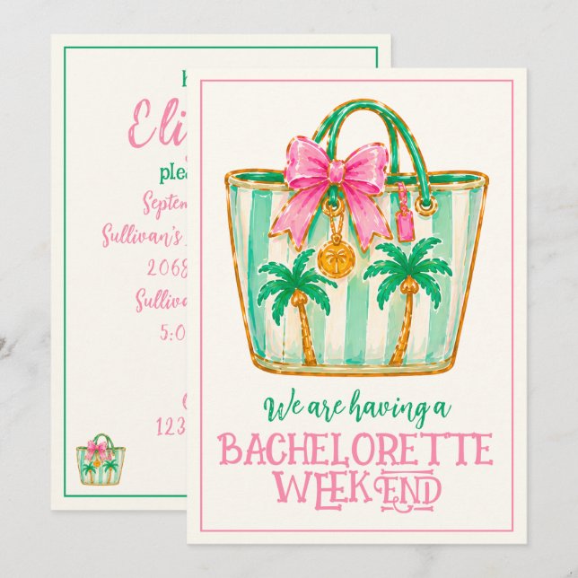 Convites Bolsa Preppy Rosa e Verde de Palm Beach (Frente/Verso)