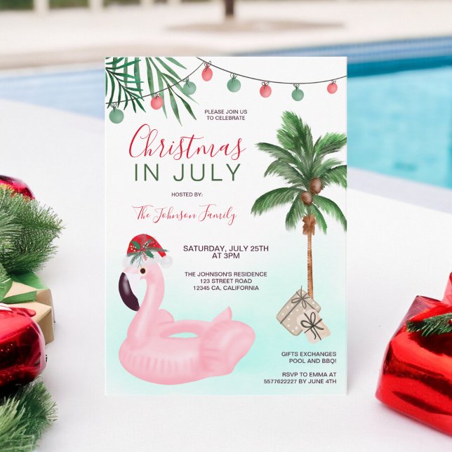 Convites Bom Natal em julho, flamingo tropical da praia (Fun Christmas in July beach tropical flamingo Invitation)