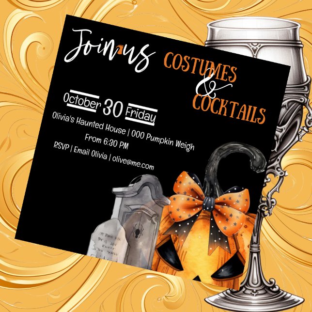 Convites Bomba Spooky com Arco escondendo-se atrás das lápi (Spooky season pumpkin and tombstone customizable Halloween party invitation)