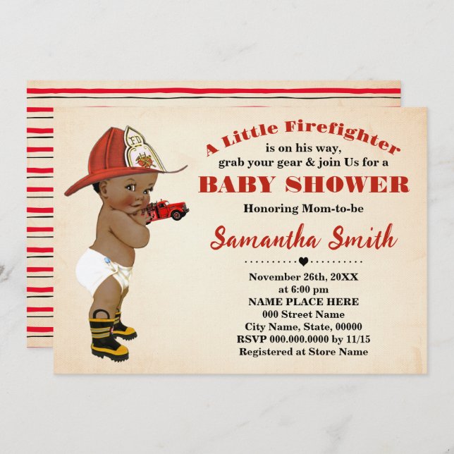 Convites Bombeiro em seu caminho Chá de fraldas Afro-Americ (Frente/Verso)