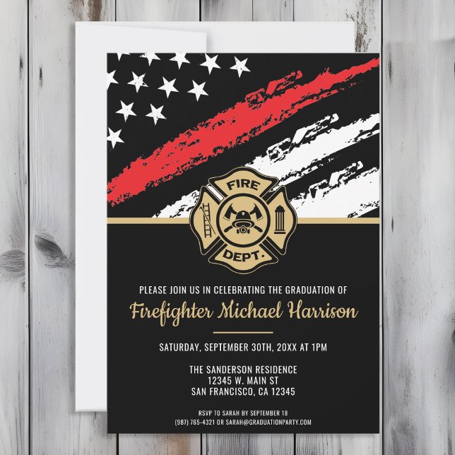 Convites Bombeiro Graduação Red Line Flag Fireman (Perfect invitation to invite guests to celebrate the new fire academy graduate in fire fighting!)