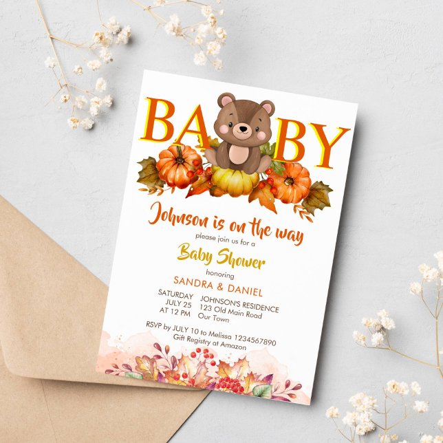 Convites Bombeiros de ursos peludos caem chá de fraldas urs (Pumpkin fall baby shower cute teddy bears and autumn foliage invitations instant download)