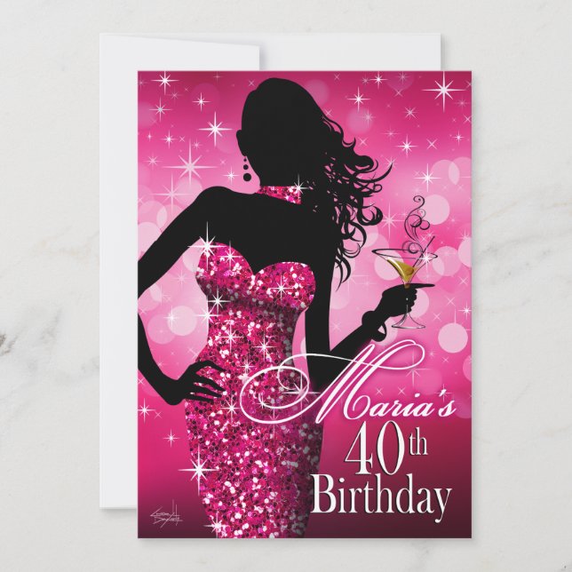 Convites Bombshell Sparkle aniversário de 40 anos| Fuschia  (Frente)