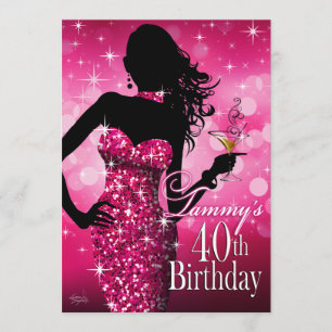 Convites Bombshell Sparkle aniversário de 40 anos   fuschia