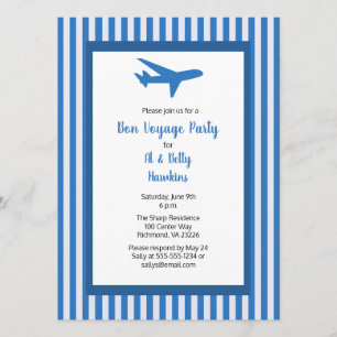 Convites Bon Voyage Party Airplane Casal Blue Stripes