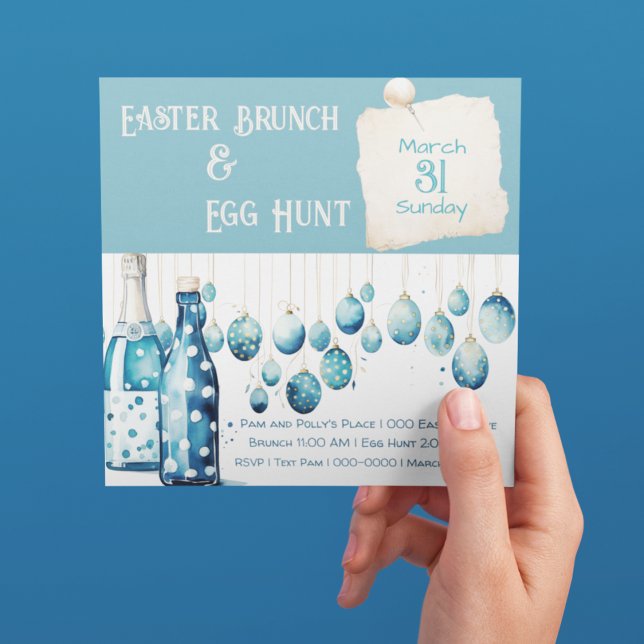 Convites Bondi Blue Páscoa Brunch e Ovo Hunt (Bondi blue with polka dots on easter eggs. Customize this Easter Brunch and Egg Hunt invitation)