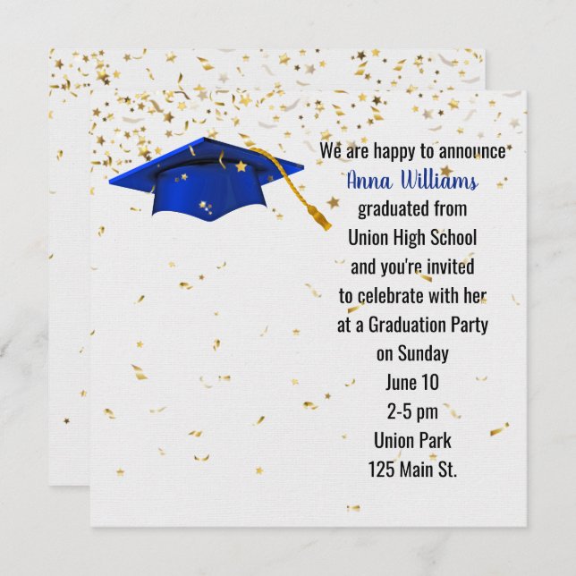 Convites Boné de formatura azul com Confetti Dourado (Frente/Verso)