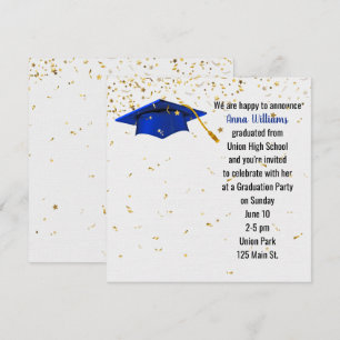Convites Boné de formatura azul com Confetti Dourado