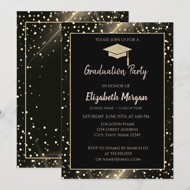 Convites Boné de formatura brilhante Dourado moderno,Bolinh (Frente/Verso)