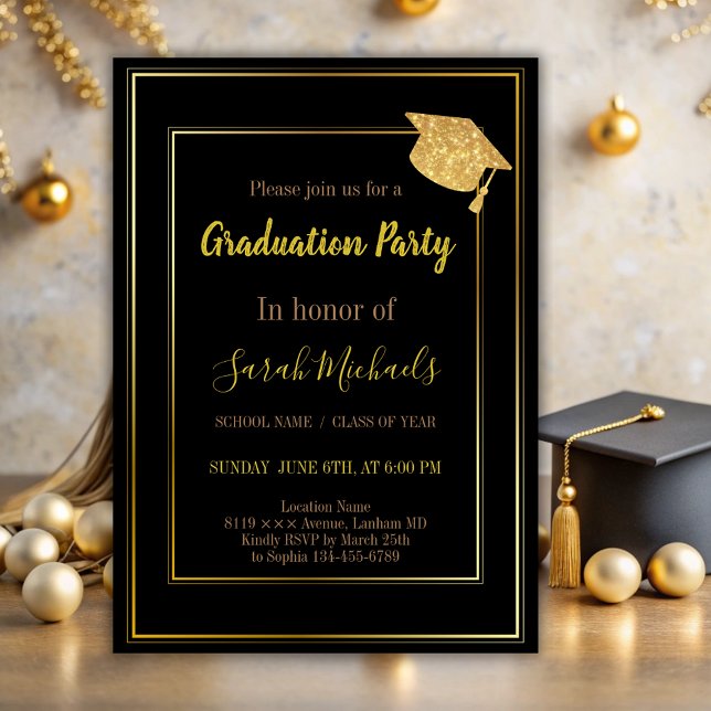 Convites Boné de formatura brilhante Dourado moderno Elegan (Criador carregado)