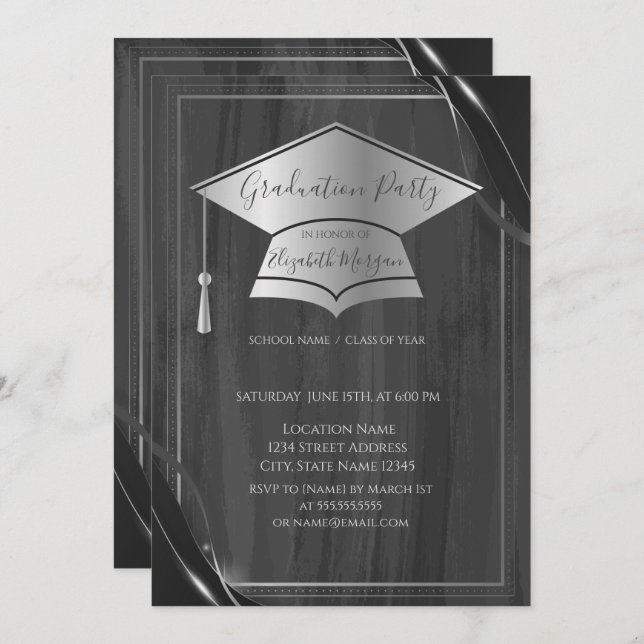 Convites Boné de formatura de Prata de Quadro Simples,Gradu (Frente/Verso)