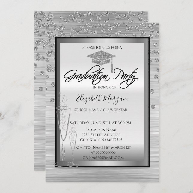Convites Boné de formatura de prata,Graduação de diamantes  (Frente/Verso)