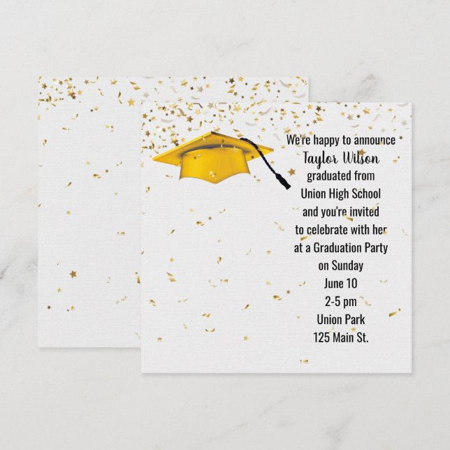 Convites Boné de formatura Dourado com Confetti Dourado (Frente/Verso)