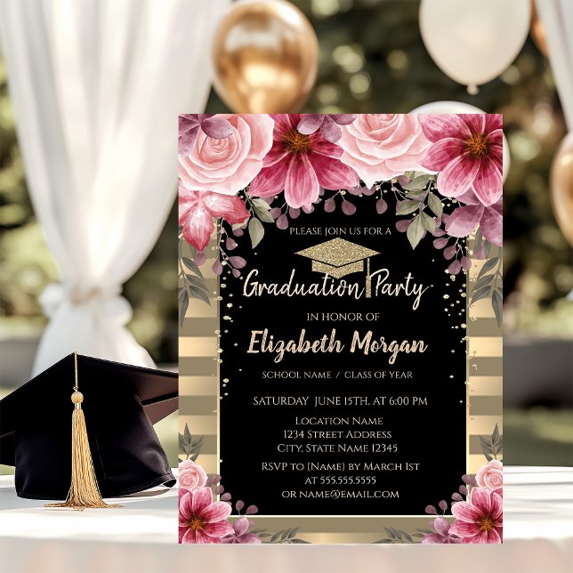 Convites Boné de formatura Dourado Da Largura, Stripes Flor (Criador carregado)