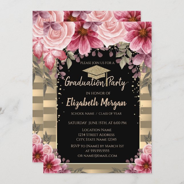 Convites Boné de formatura Dourado Da Largura, Stripes Flor (Frente/Verso)