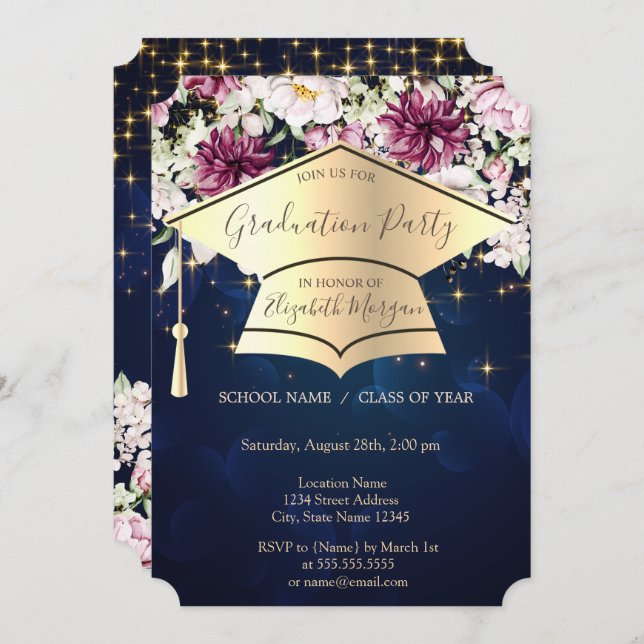 Convites Boné de formatura Dourado,Estrelas,Flores Graduaçã (Frente/Verso)