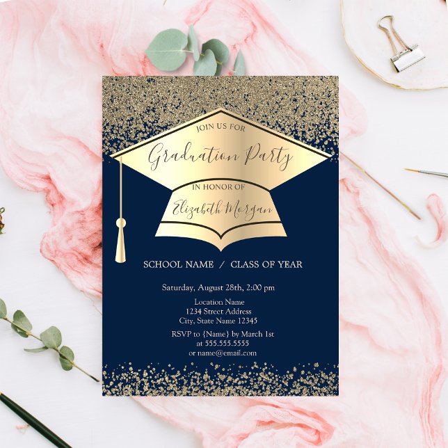 Convites Boné de formatura Dourado,Graduação Azul Marinho O (Criador carregado)