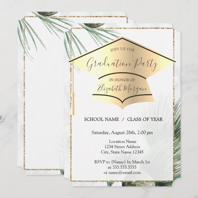 Convites Boné de formatura Dourado,Graduação de Folhas de P (Frente/Verso)