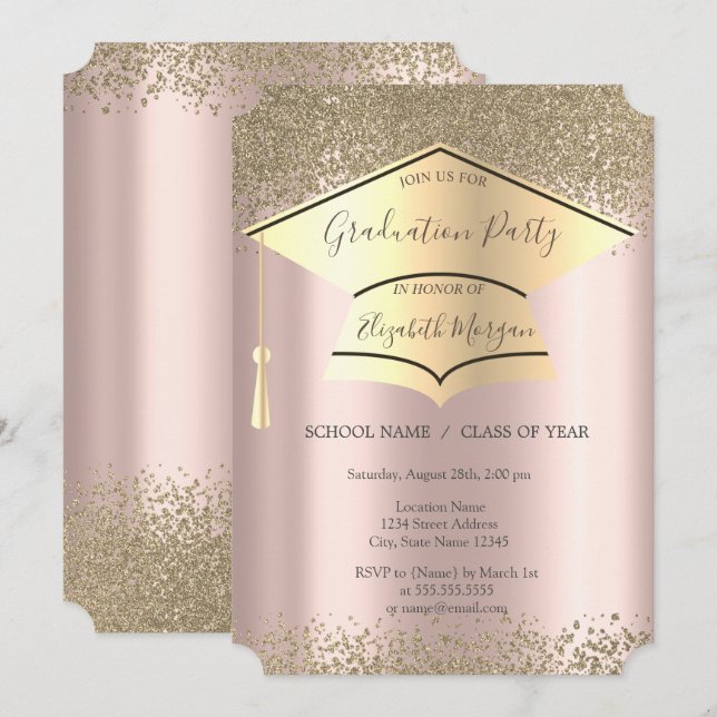 Convites Boné de formatura Dourado,Graduação Dourada Rosa d (Frente/Verso)