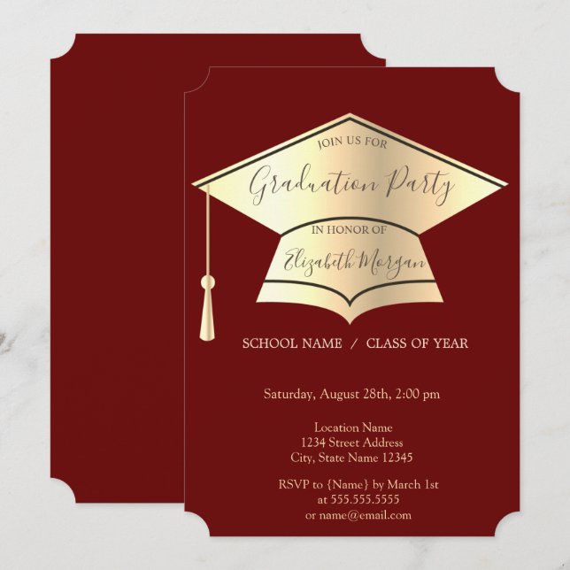 Convites Boné de formatura Dourado,Graduação Vermelha (Frente/Verso)