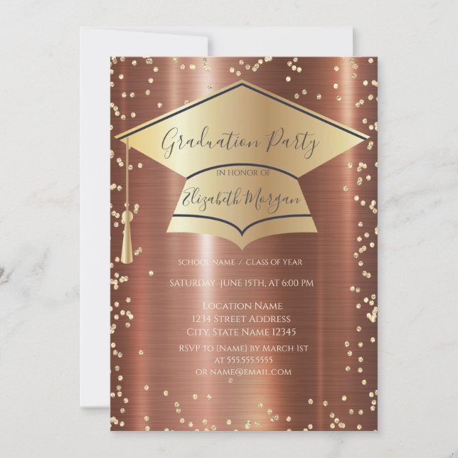 Convites Boné de formatura,Graduação Metálica Marrom Ouros (Frente)