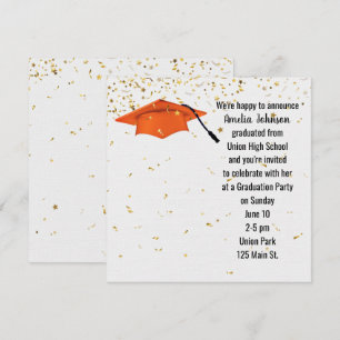 Convites Boné de formatura laranja com Confetti Dourado