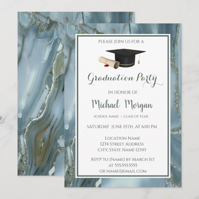 Convites Boné de formatura mármore, Festa de formatura pedr (Frente/Verso)