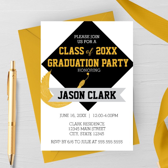 Convites Boné de formatura moderno com Festa de formatura d (Large Customizable Modern Graduation Cap with Tassel Graduation Party Invitation)