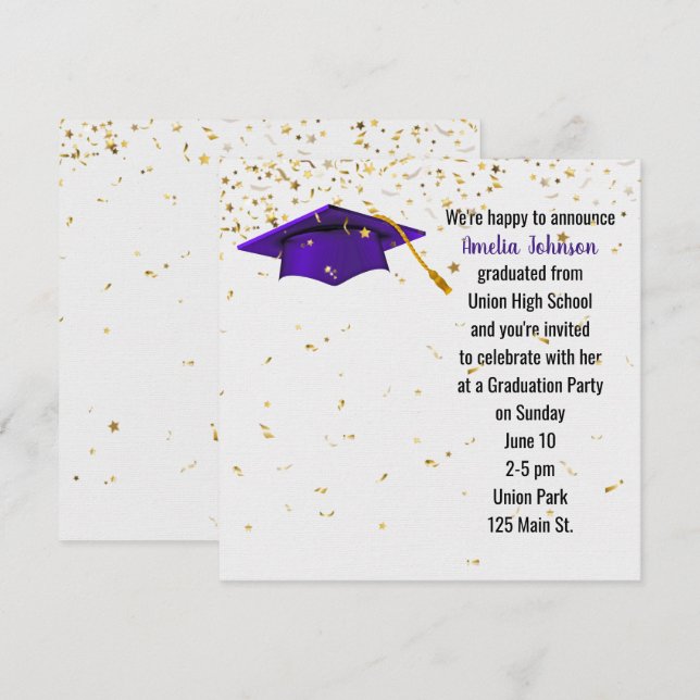 Convites Boné de formatura roxo com Confetti Dourado (Frente/Verso)