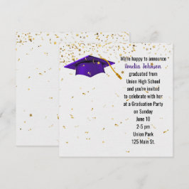 Convites Boné de formatura roxo com Confetti Dourado