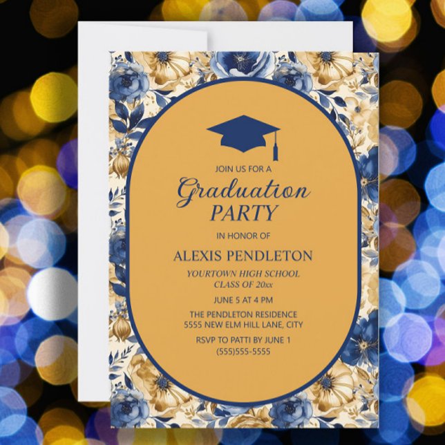 Convites Boné de formatura Segundo grau azul-Marinho Dourad (Blue and gold floral graduation party invitation)