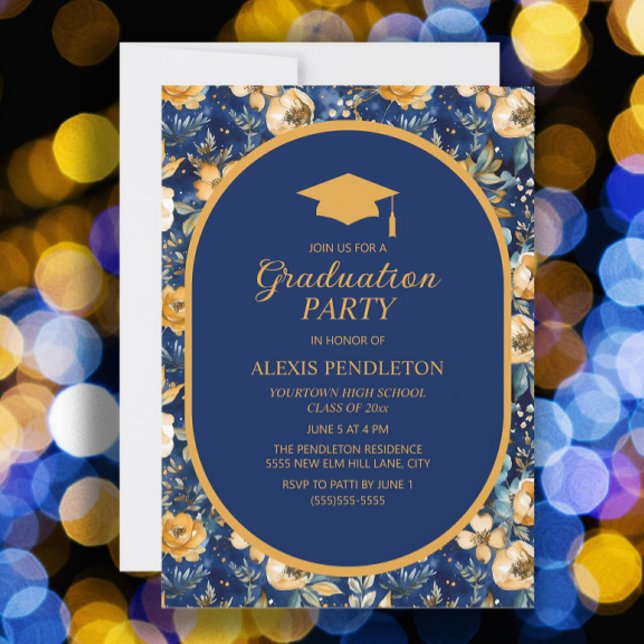 Convites Boné de formatura Segundo grau Floral Dourado mari (Navy blue and gold floral graduation party invitation)