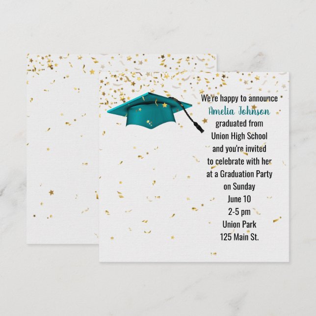 Convites Boné de formatura Teal com Confetti Dourado (Frente/Verso)