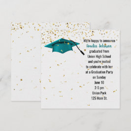 Convites Boné de formatura Teal com Confetti Dourado