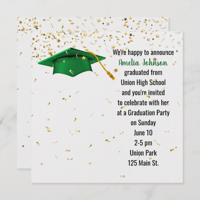 Convites Boné de formatura Verde com Confetti Dourado (Frente/Verso)